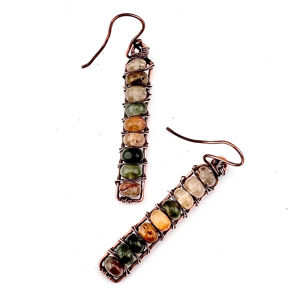 HANDMADE Natural Stone Copper Wire Wrapped Dangle Earrings, Artisan Jewelry Gift